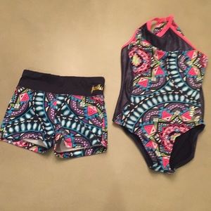 A leotard with workout shorts